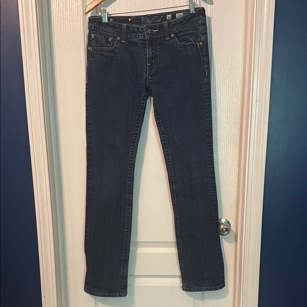 Miss Me Deep Blue Fleur De Lis Pocket Straight Leg Jeans Size 30